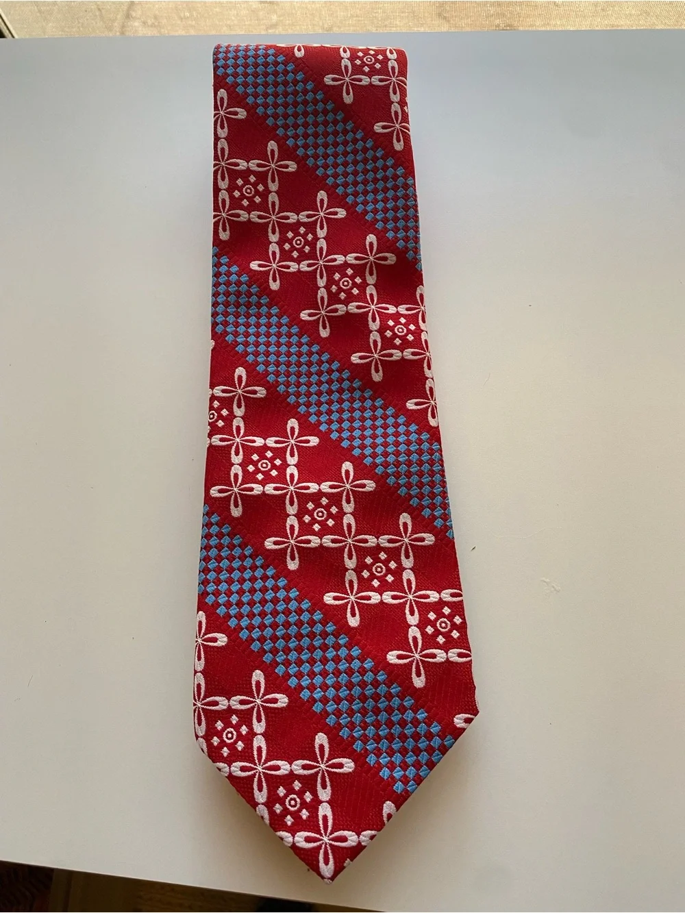 Vintage 70s Pierre Cardin Geometric Wide Tie - Foley's Red Blue White 4
